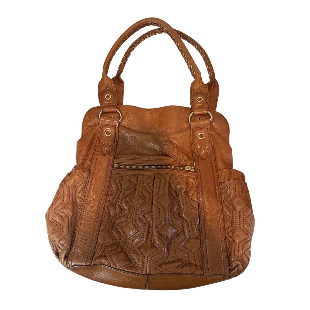 Elliott Lucca Brown leather Tote Shoulder Purse Bag w/ geometric shapes